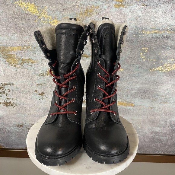 Nine West Boots Womens Size 9.5 Black Faux Leather Fur Lined Combat Heel Ankle - Picture 3 of 10